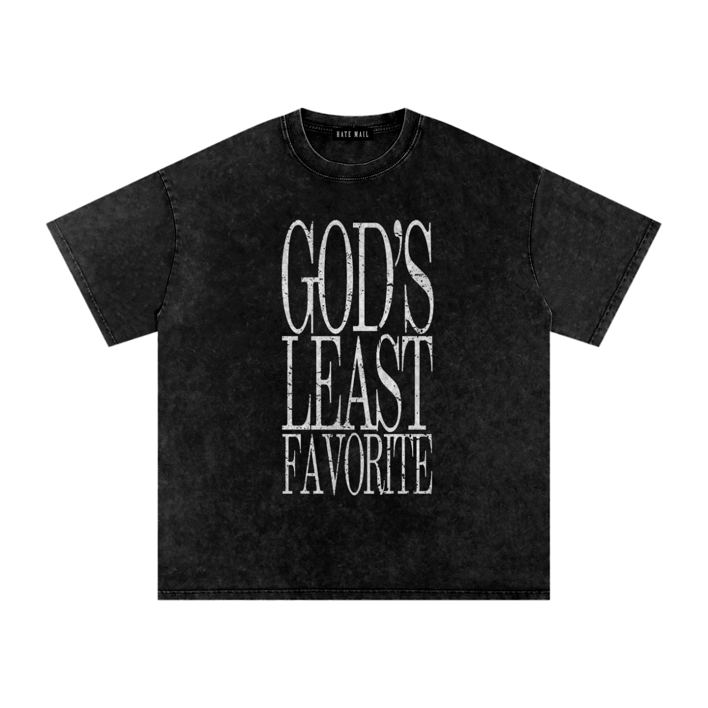 Black t-shirt with 'GOD'S LEAST FAVORITE' text on a white background