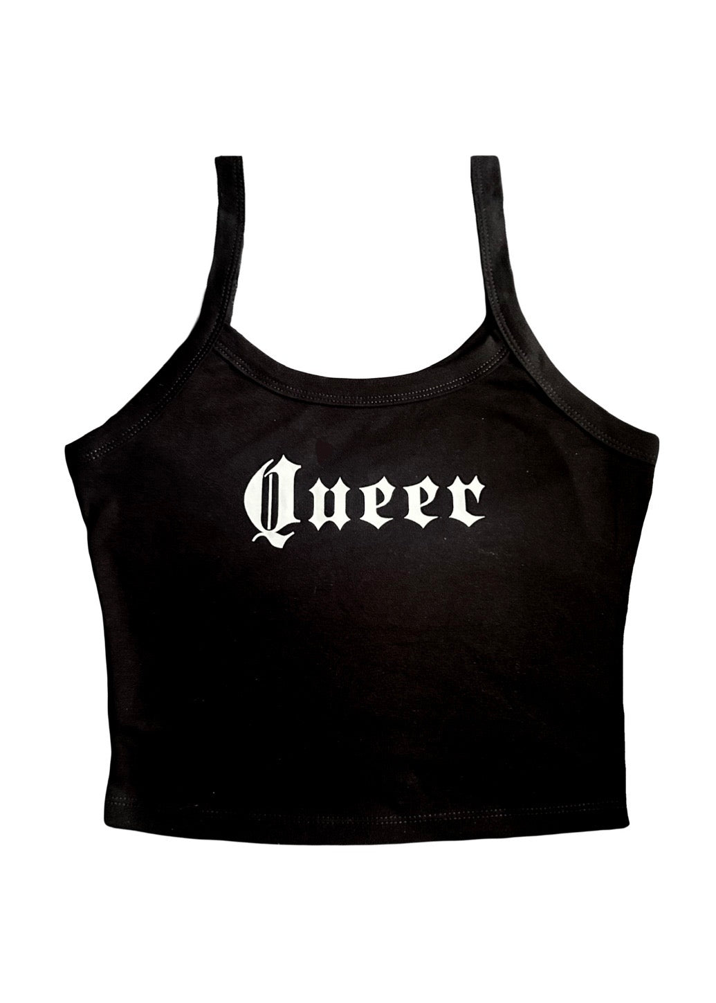 Black tank top with the word “Queer” written in gothic white letters 