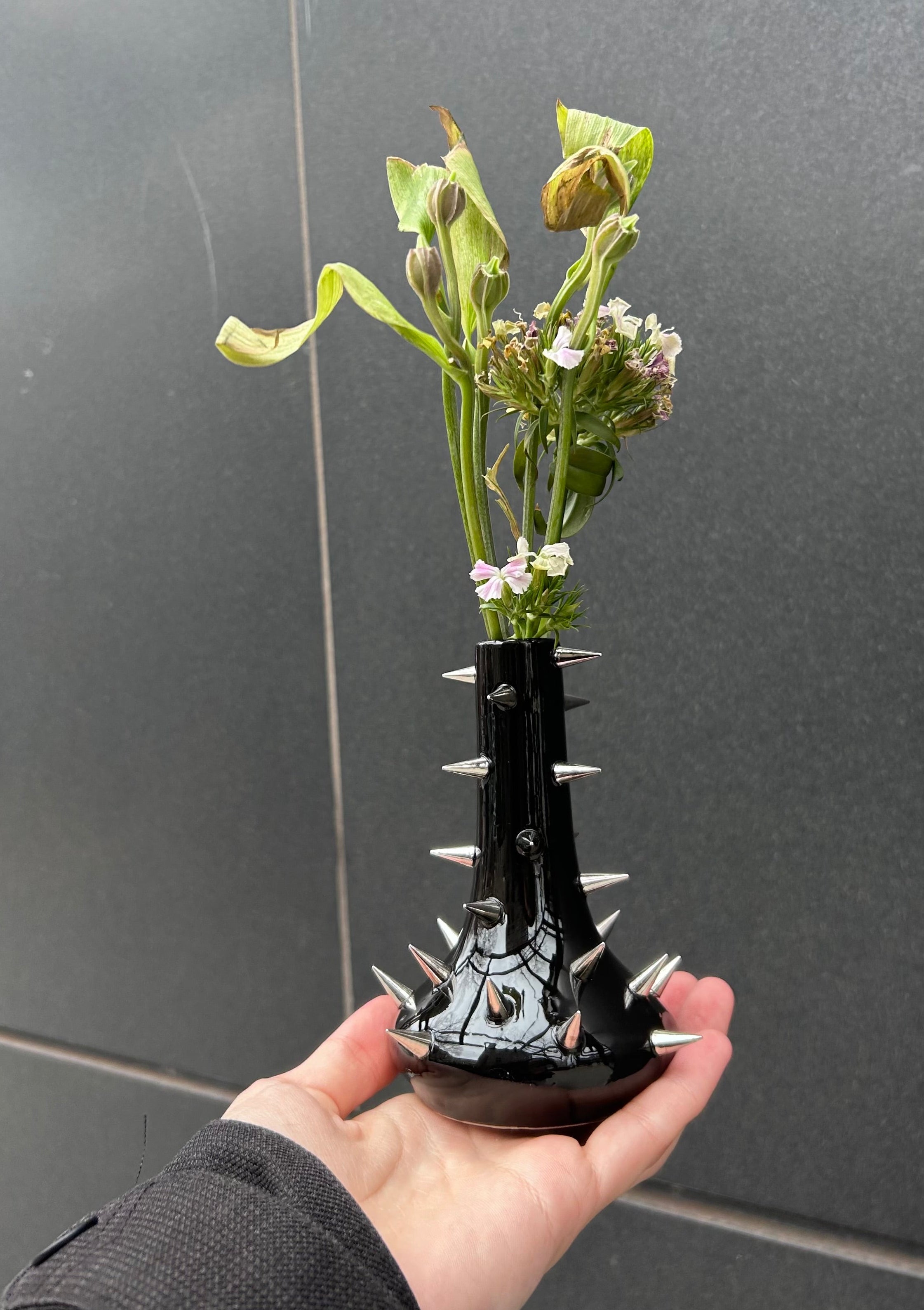 Hand holding a spikey vase with plants and spikes against a dark background