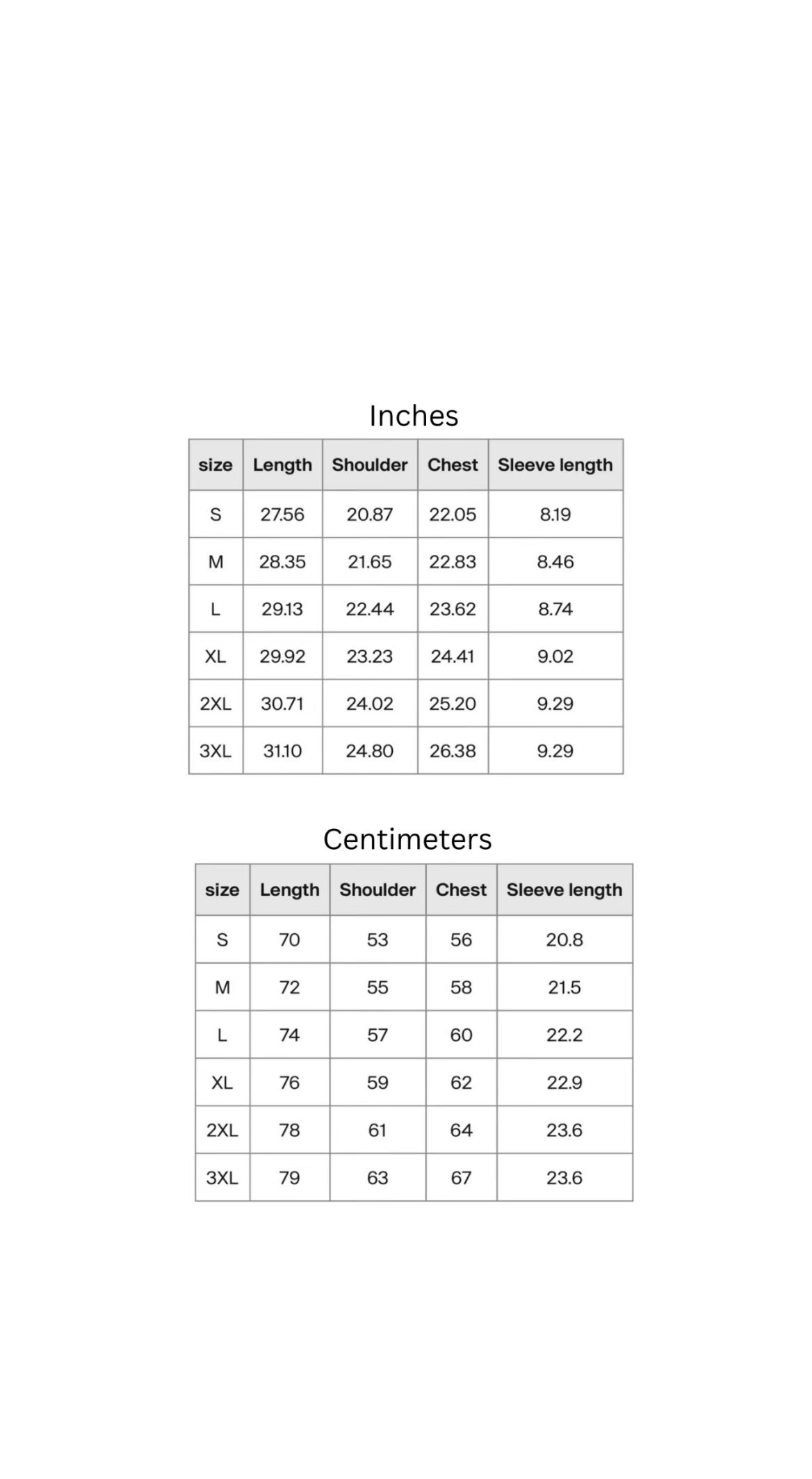 Size chart for clothing measurements in both inches and centimeters on a white background.