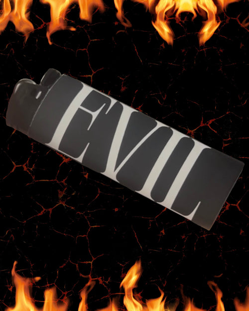 Black 'Evil' decal lighter on a fiery background